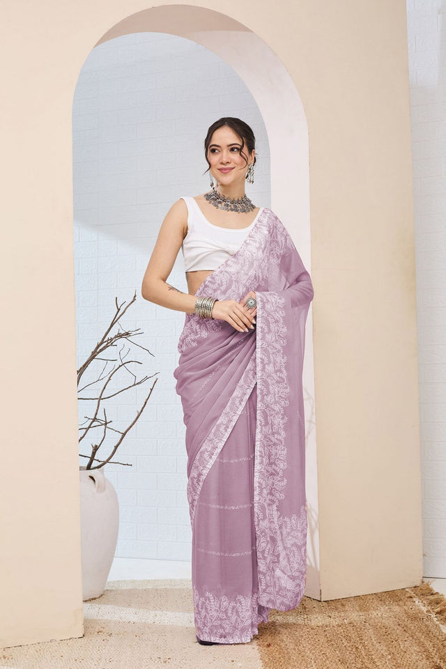 Lavender Printed Chiffon Ready to Wear Saree (ACA8511)