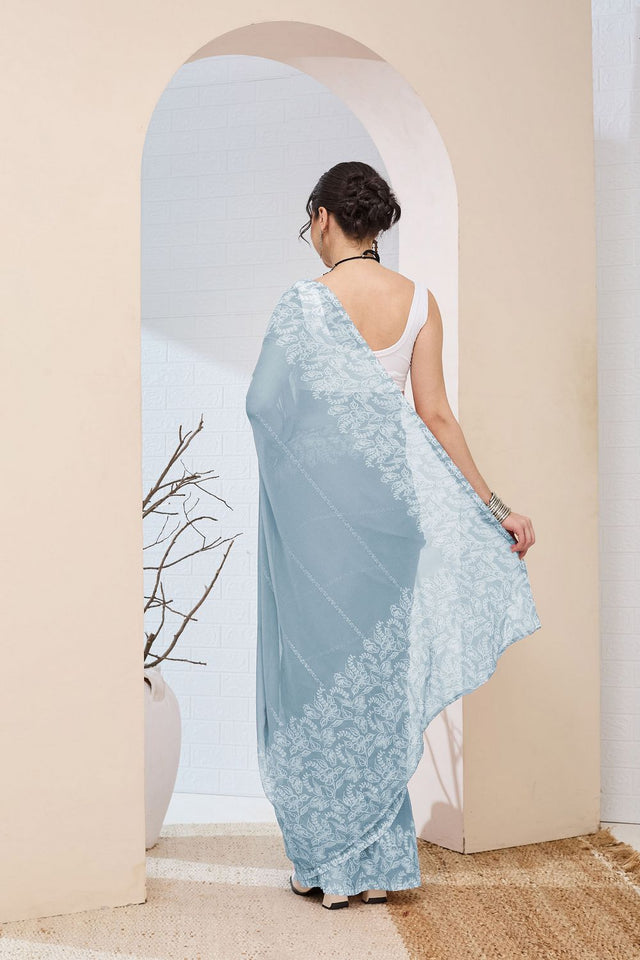 Blue Printed Chiffon Ready to Wear Saree (ACA8512)