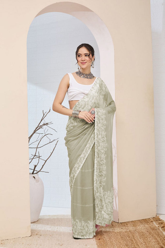 Green Printed Chiffon Ready to Wear Saree (ACA8513)