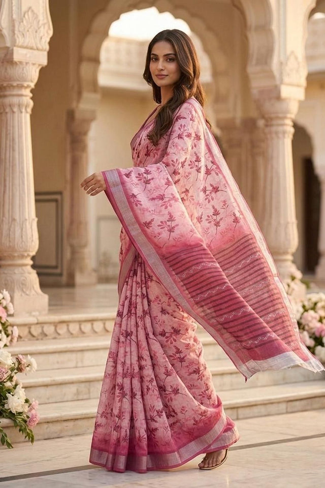 Pink Floral Printed Linen Saree (ACA8524)