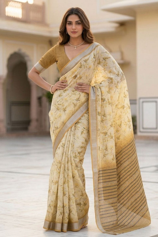 Yellow Floral Printed Linen Saree (ACA8525)