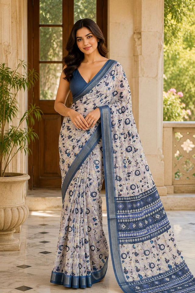 Blue Floral Printed Linen Saree (ACA8526)