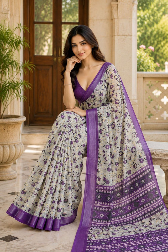 Violet Floral Printed Linen Saree (ACA8528)