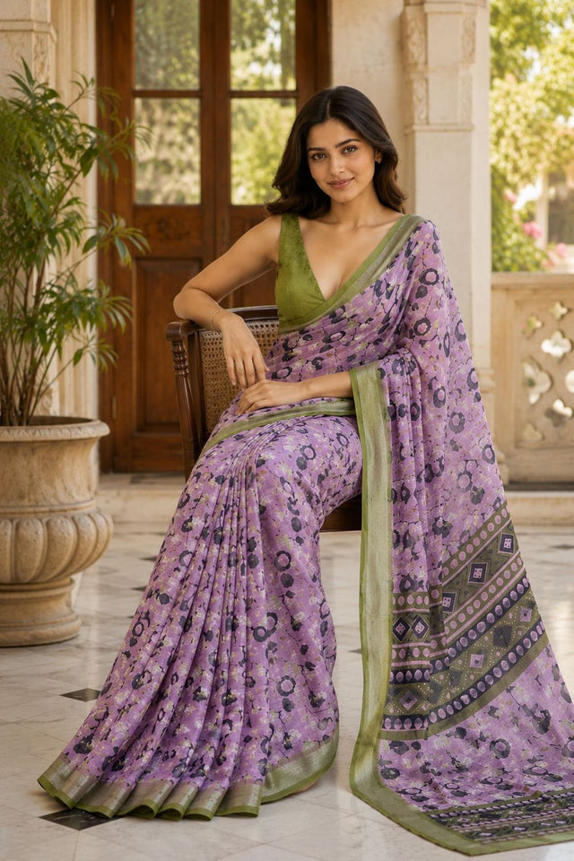 Lavender Floral Printed Linen Saree (ACA8529)