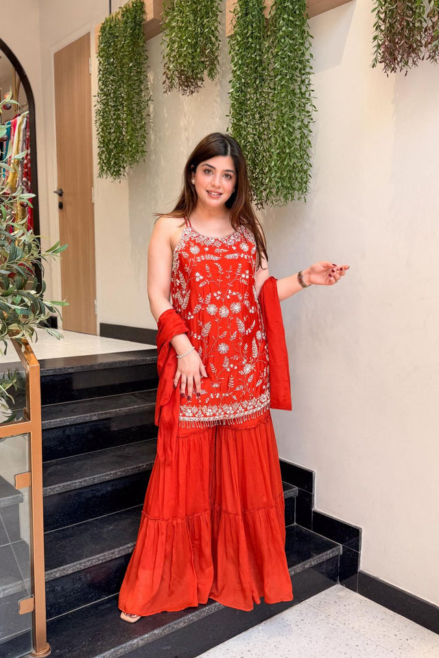 Orange Floral Embroidered Chinon Sharara Suits (ACA8534)