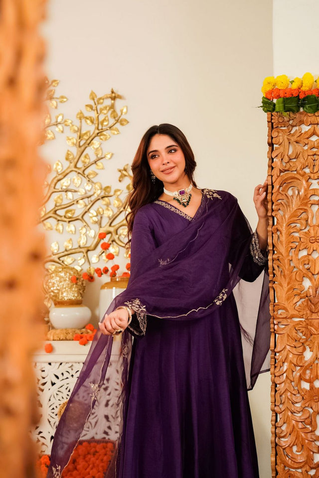 Violet Embroidered Chanderi Anarkali Suits (ACA8540)