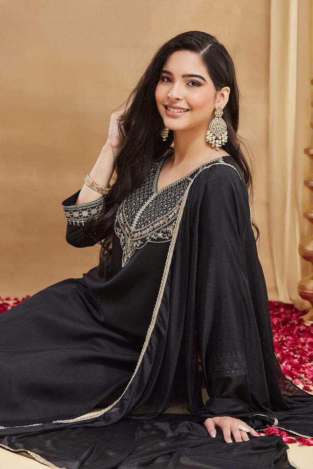 Black Embroidered Rayon Straight Cut Suits (ACA8541)