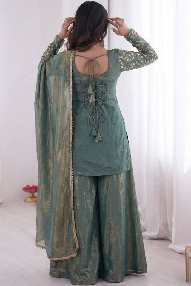 Grey Sequin with Embroidered Satin Palazzo Suits (ACA8543)