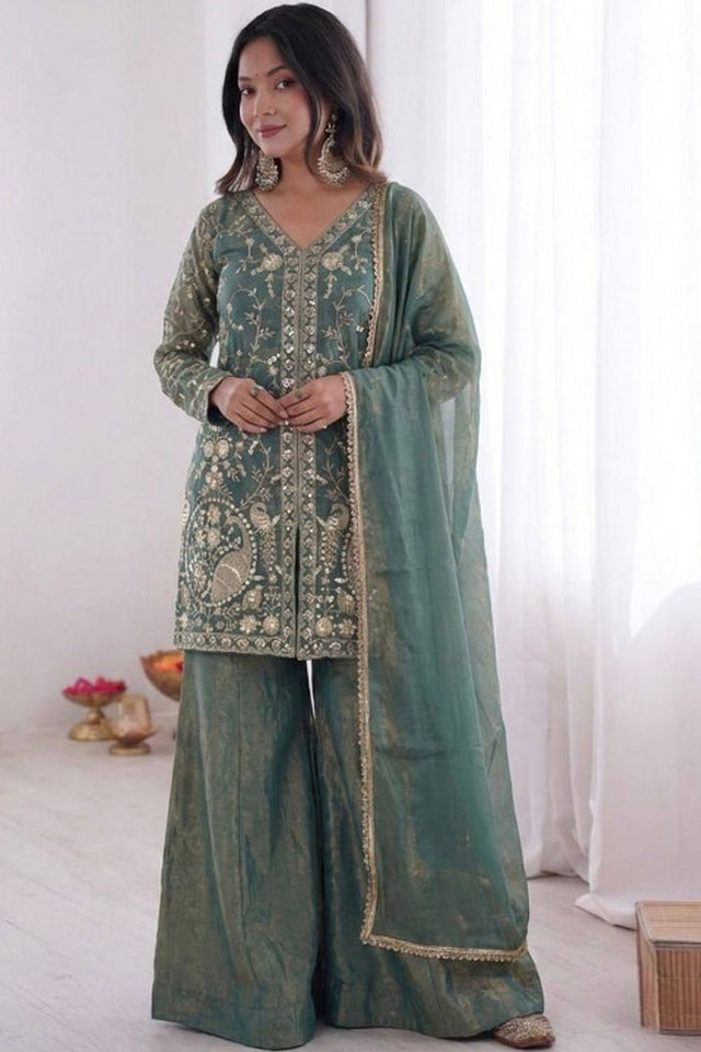 Grey Sequin with Embroidered Satin Palazzo Suits (ACA8543)