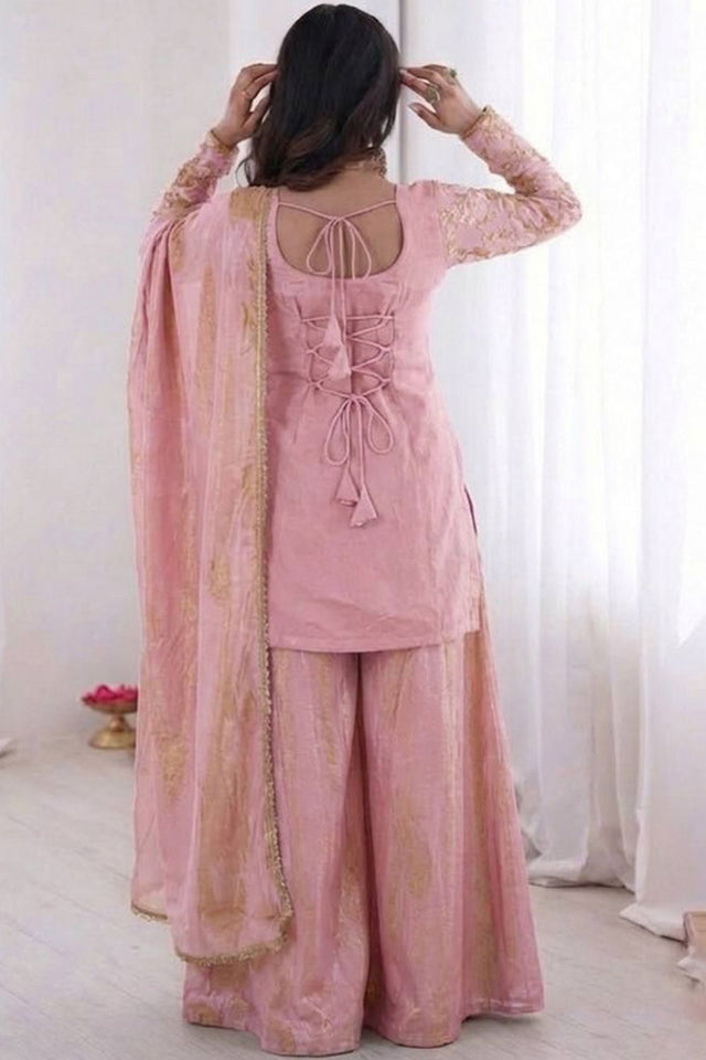 Pink Sequin with Embroidered Satin Palazzo Suits (ACA8544)