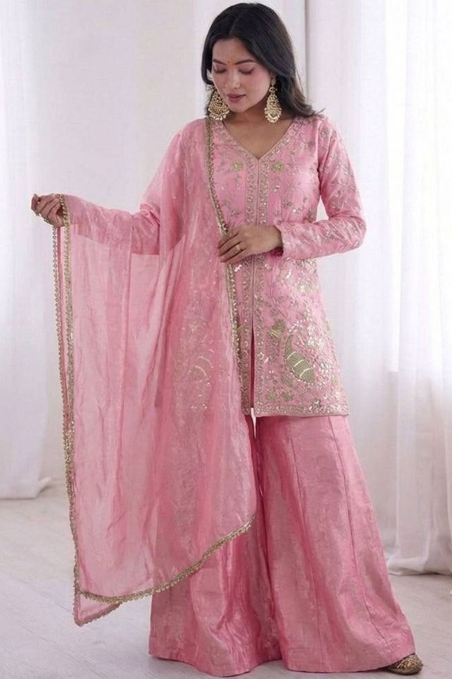Pink Sequin with Embroidered Satin Palazzo Suits (ACA8544)