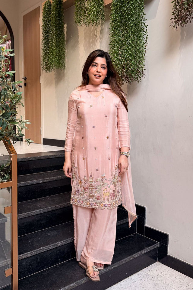Pink Embroidered Crepe Kurti Pant Set (ACA8545)