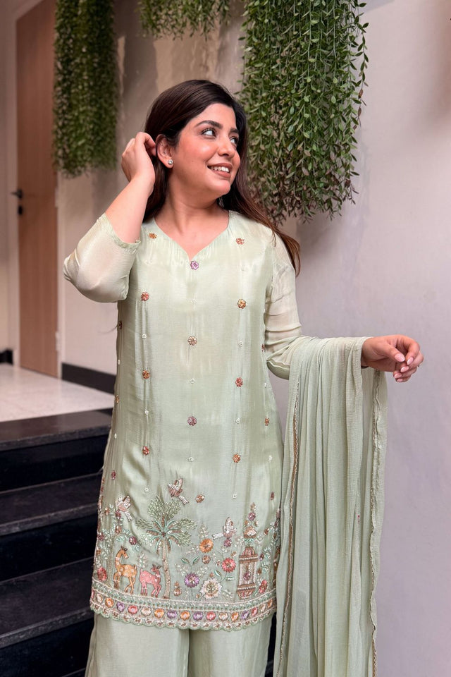 Green Embroidered Crepe Kurti Pant Set (ACA8546)