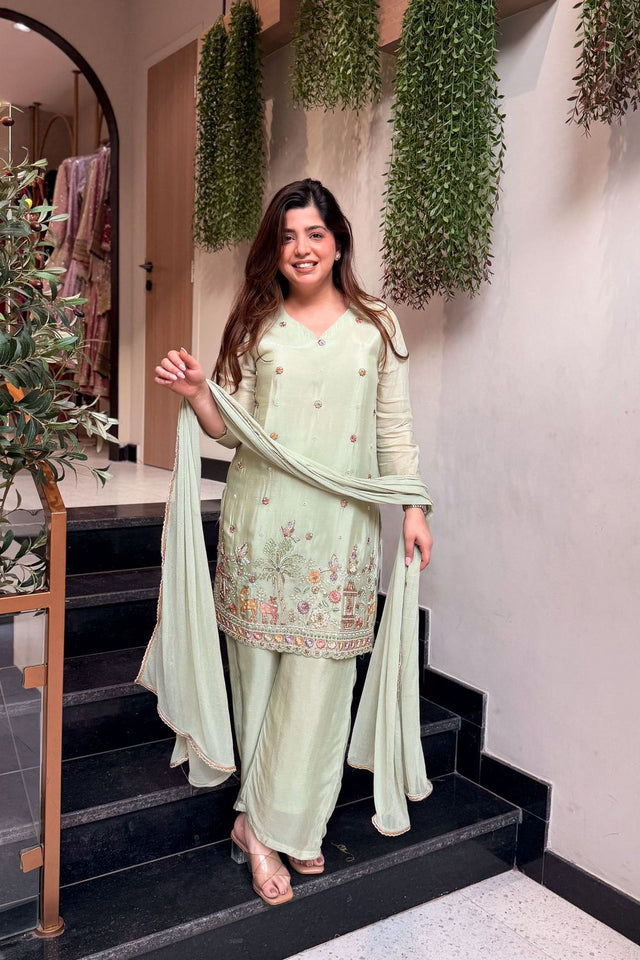 Green Embroidered Crepe Kurti Pant Set (ACA8546)