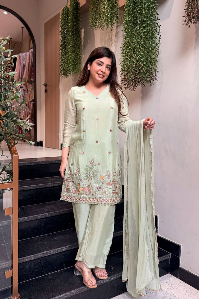 Green Embroidered Crepe Kurti Pant Set (ACA8546)