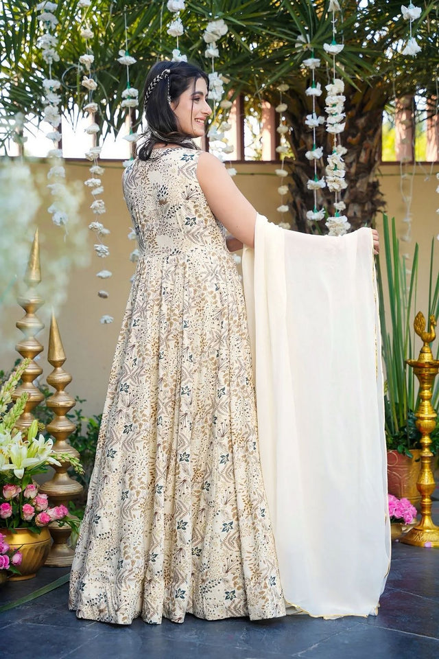 Off White Floral Printed Rayon Gown (ACA8548)