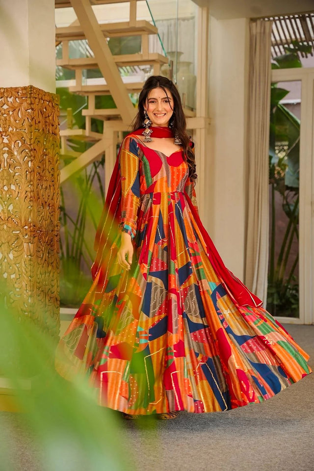 Red Printed Rayon Gown (ACA8549)