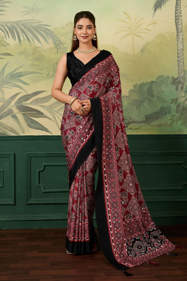 Maroon Mirror Work with Printed Chinon Saree (ACA8551)