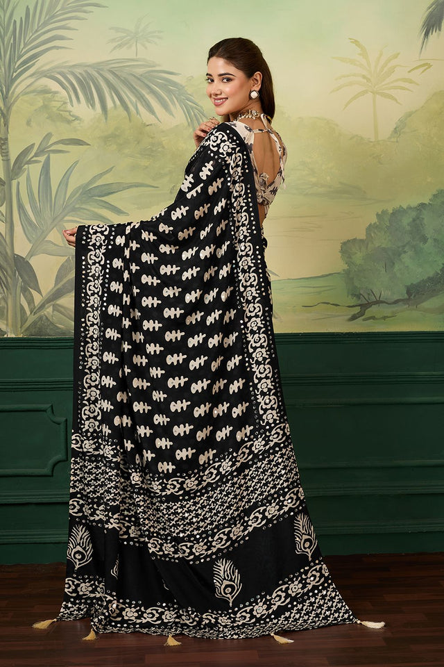 Black Mirror Work with Printed Chinon Saree (ACA8552)