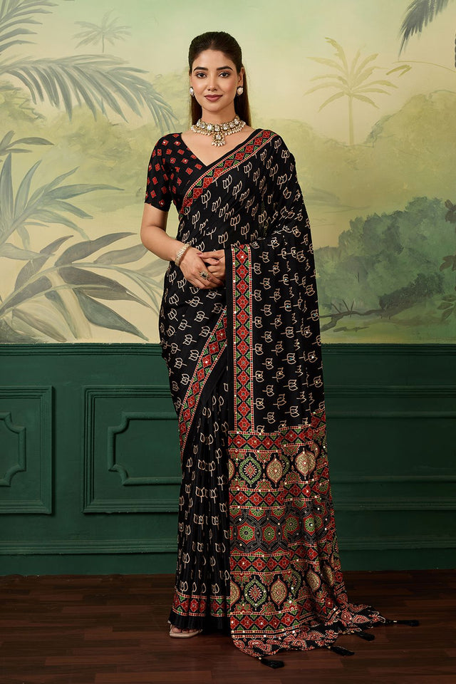 Black Mirror Work with Printed Chinon Saree (ACA8553)