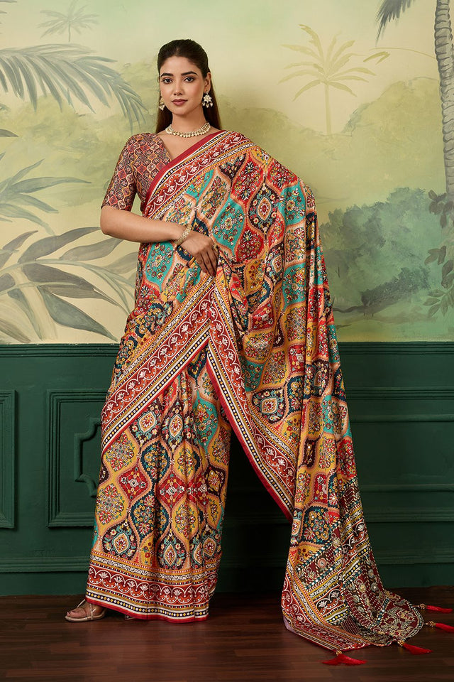 Multi Color Mirror Work with Printed Silk Blend Saree (ACA8554)