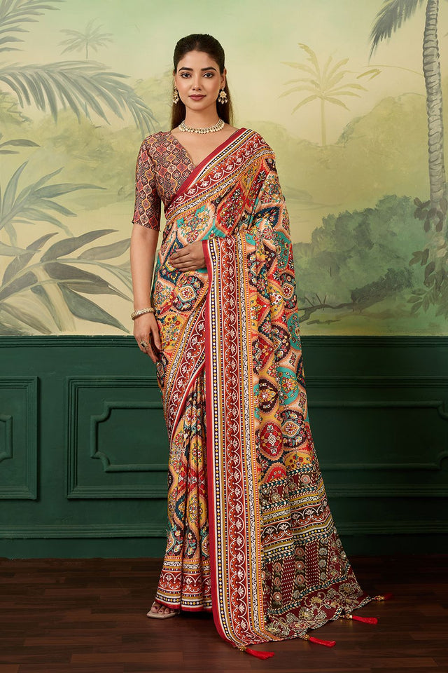 Multi Color Mirror Work with Printed Silk Blend Saree (ACA8554)