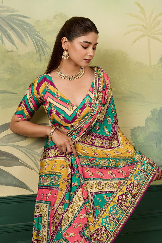 Multi Color Mirror Work with Printed Silk Blend Saree (ACA8555)