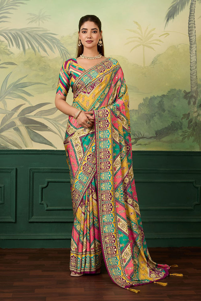 Multi Color Mirror Work with Printed Silk Blend Saree (ACA8555)