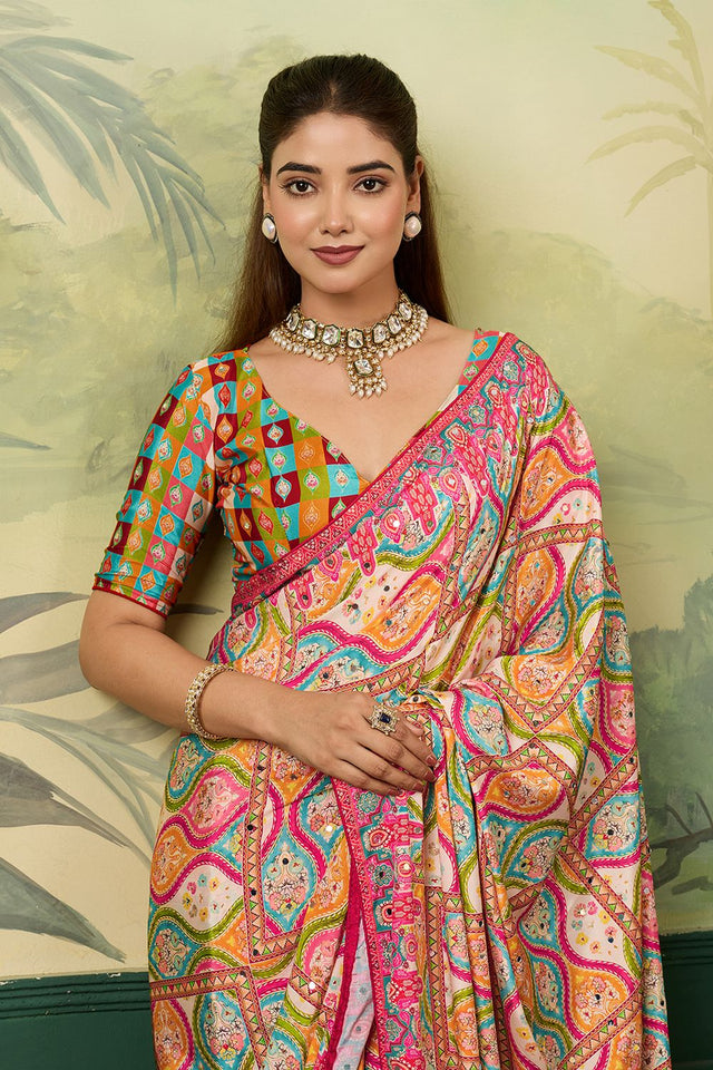Multi Color Mirror Work with Printed Silk Blend Saree (ACA8556)