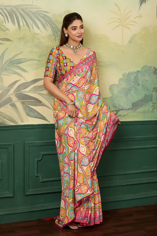 Multi Color Mirror Work with Printed Silk Blend Saree (ACA8556)