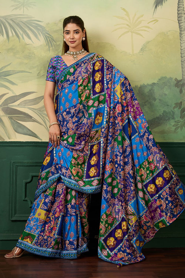 Blue Mirror Work with Printed Silk Blend Saree (ACA8557)