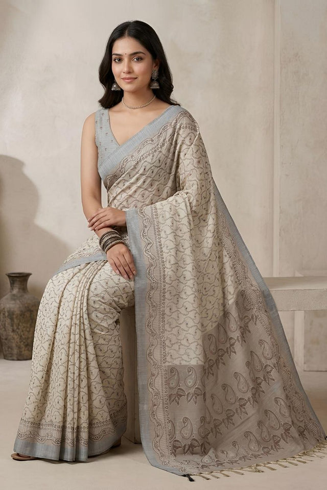 Off White Woven Cotton Blend Saree (ACA8561)