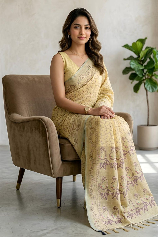 Yellow Woven Cotton Blend Saree (ACA8563)
