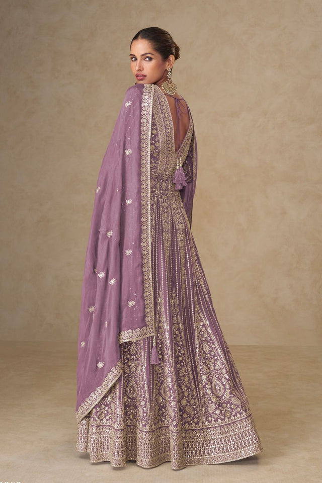 Free Size Stitched Purple Sequin with Embroidered Chinon Anarkali Suits (ACA8564)