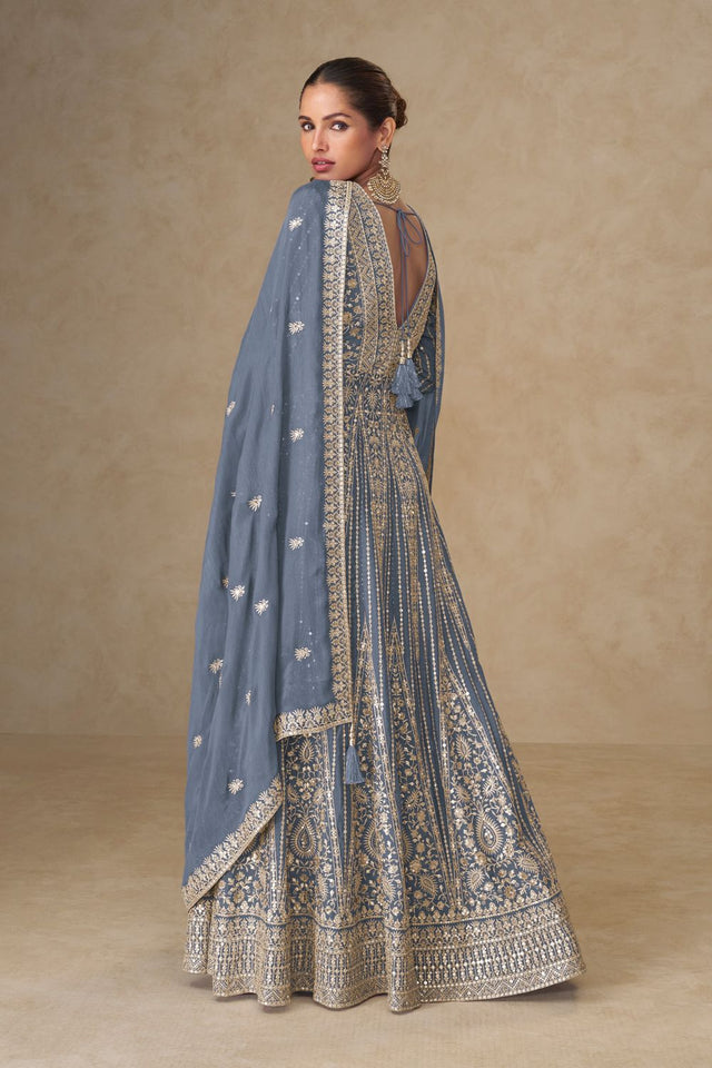 Free Size Stitched Grey Sequin with Embroidered Chinon Anarkali Suits (ACA8565)