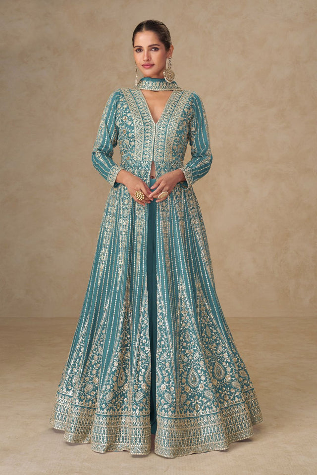 Free Size Stitched Sea Green Sequin with Embroidered Chinon Anarkali Suits (ACA8567)