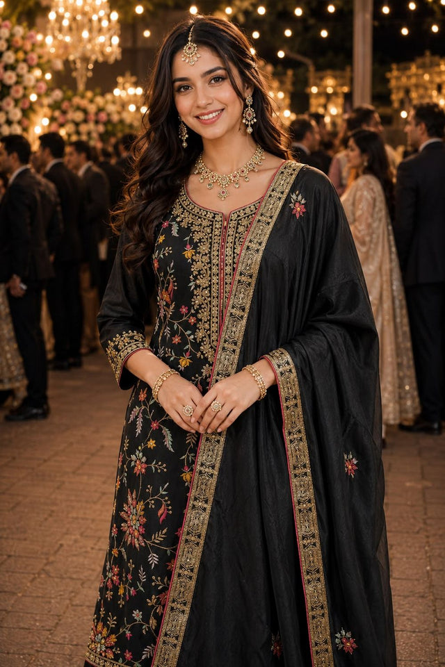 Black Embroidered Chinon Palazzo Suit (ACA8568)