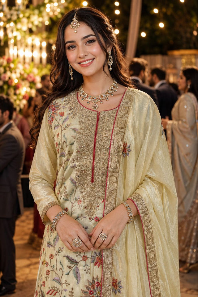 Cream Embroidered Chinon Palazzo Suit (ACA8569)