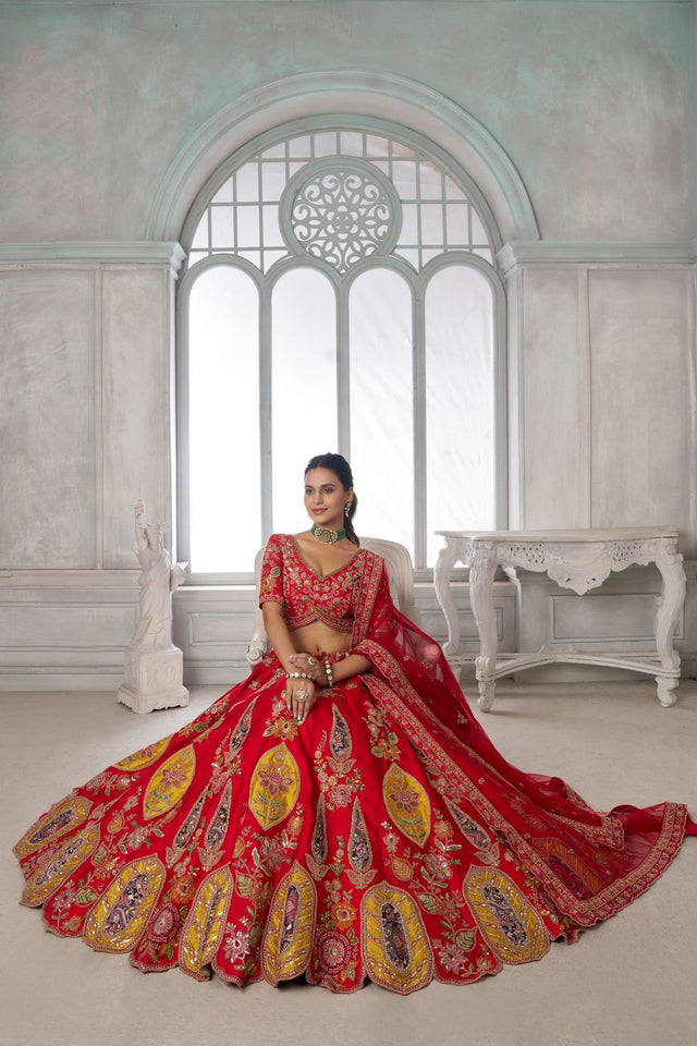 Red Sequin with Floral Embroidered Silk Lehenga (ACA8573)