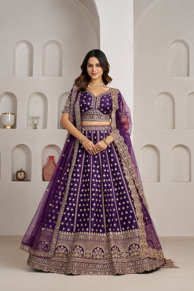 Purple Sequin with Floral Embroidered Silk Lehenga (ACA8575)
