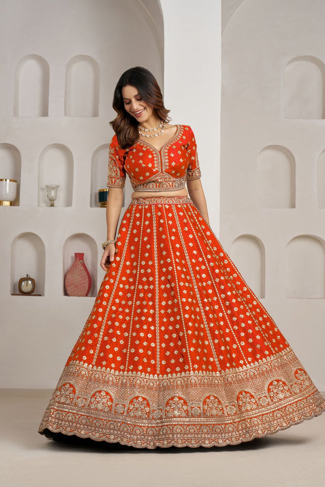 Rust Sequin with Floral Embroidered Silk Lehenga (ACA8577)
