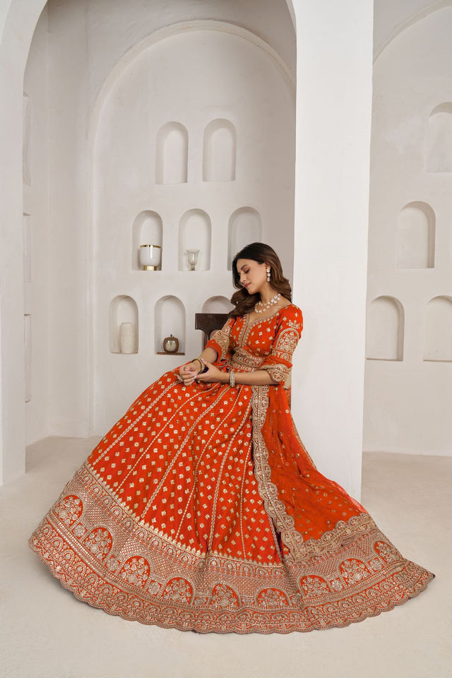 Rust Sequin with Floral Embroidered Silk Lehenga (ACA8577)