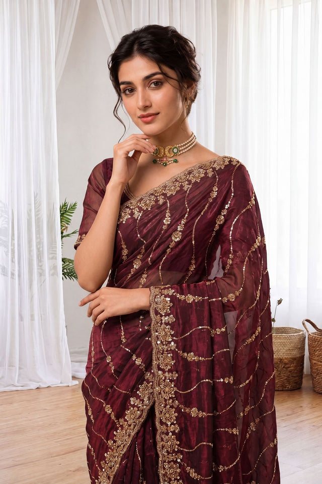 Maroon Sequin with Floral Embroidered Silk Saree (ACA8589)