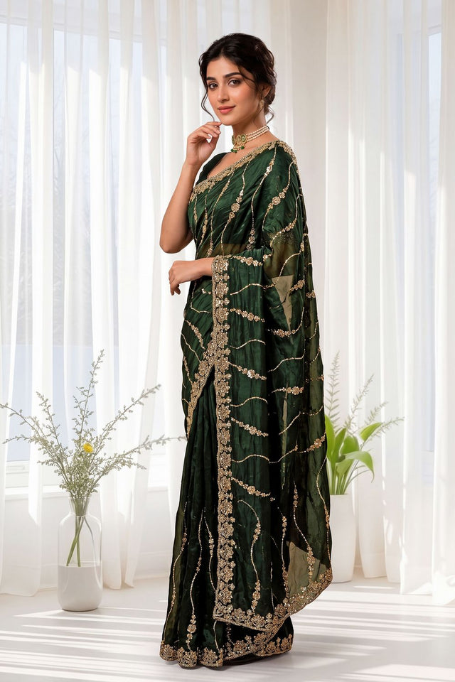 Green Sequin with Floral Embroidered Silk Saree (ACA8591)