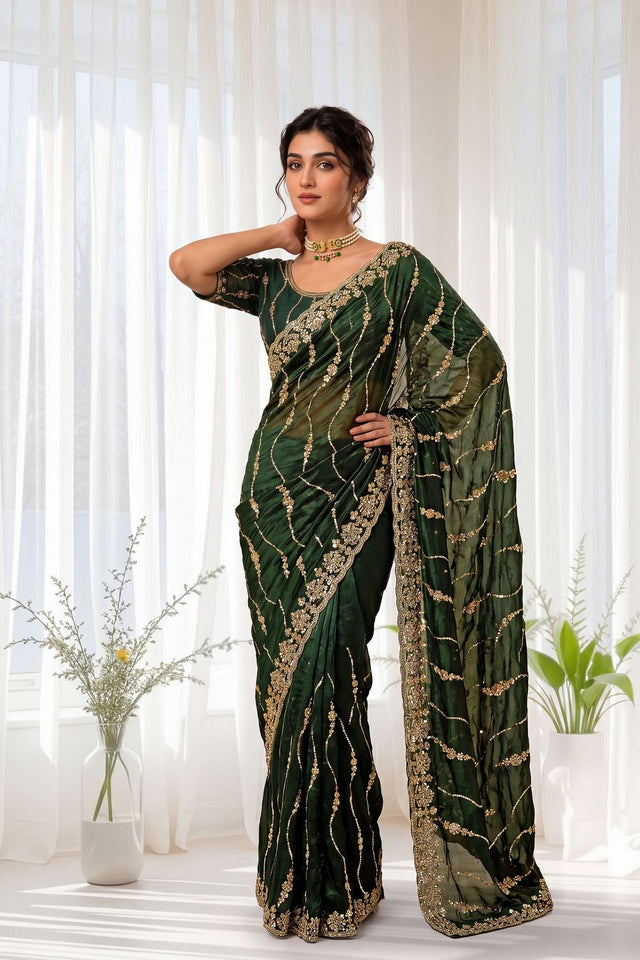 Green Sequin with Floral Embroidered Silk Saree (ACA8591)