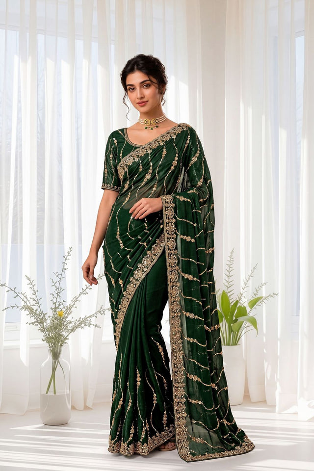 Green Sequin with Floral Embroidered Silk Saree (ACA8591)