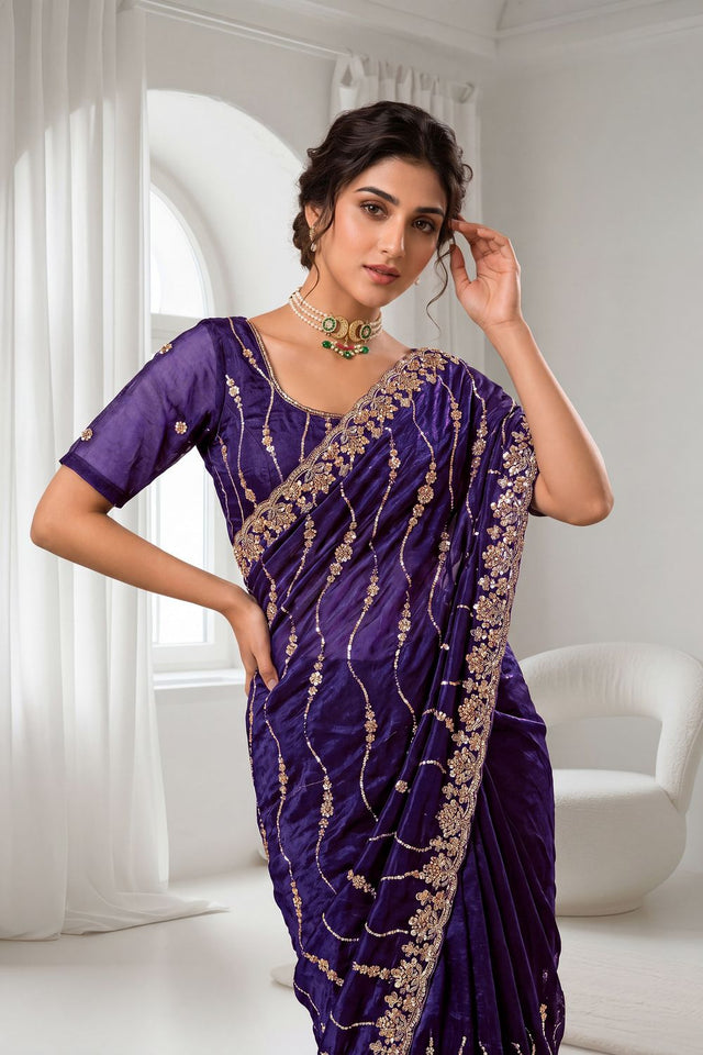 Purple Sequin with Floral Embroidered Silk Saree (ACA8592)