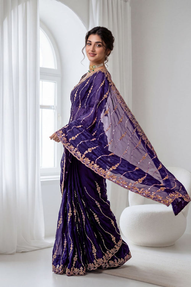 Purple Sequin with Floral Embroidered Silk Saree (ACA8592)