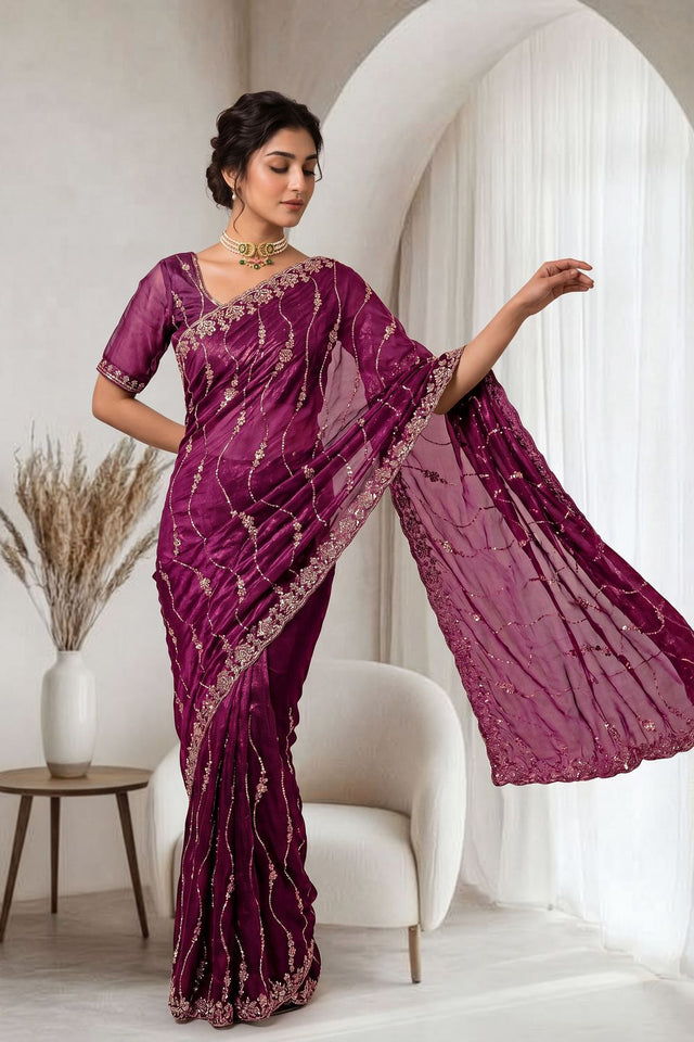 Maroon Sequin with Floral Embroidered Silk Saree (ACA8593)