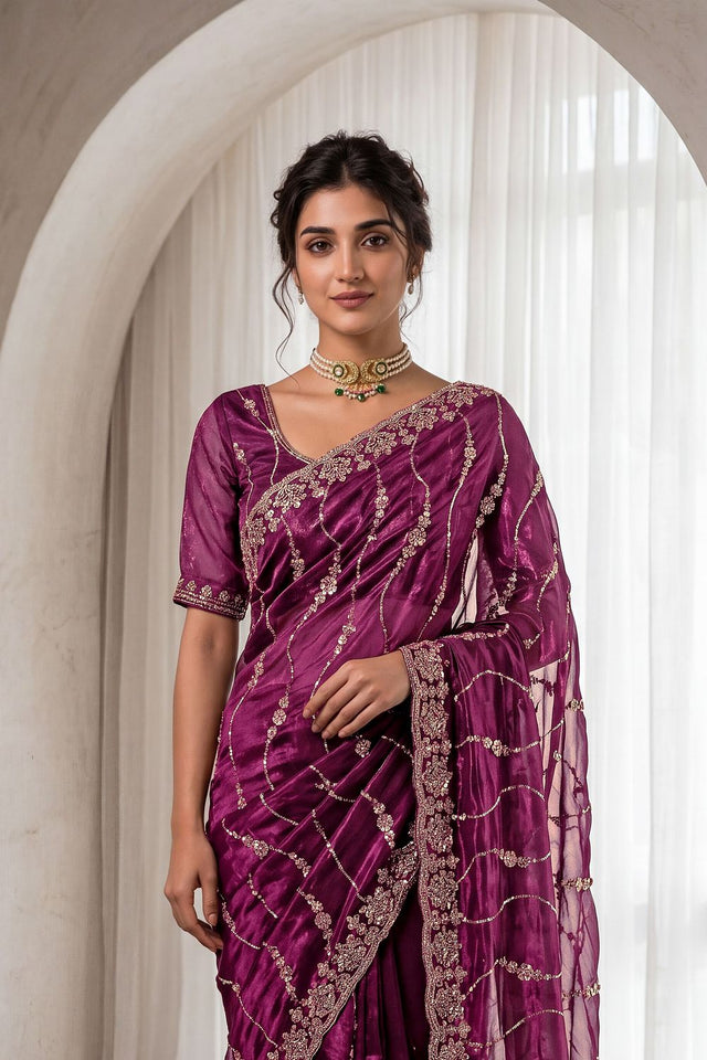 Maroon Sequin with Floral Embroidered Silk Saree (ACA8593)